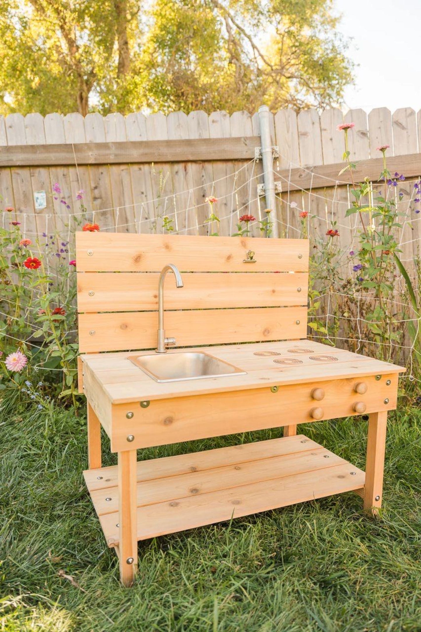 Cedar Mud Kitchen with Stainless Steel Sink | Outdoor Kids Play, Montessori Toy