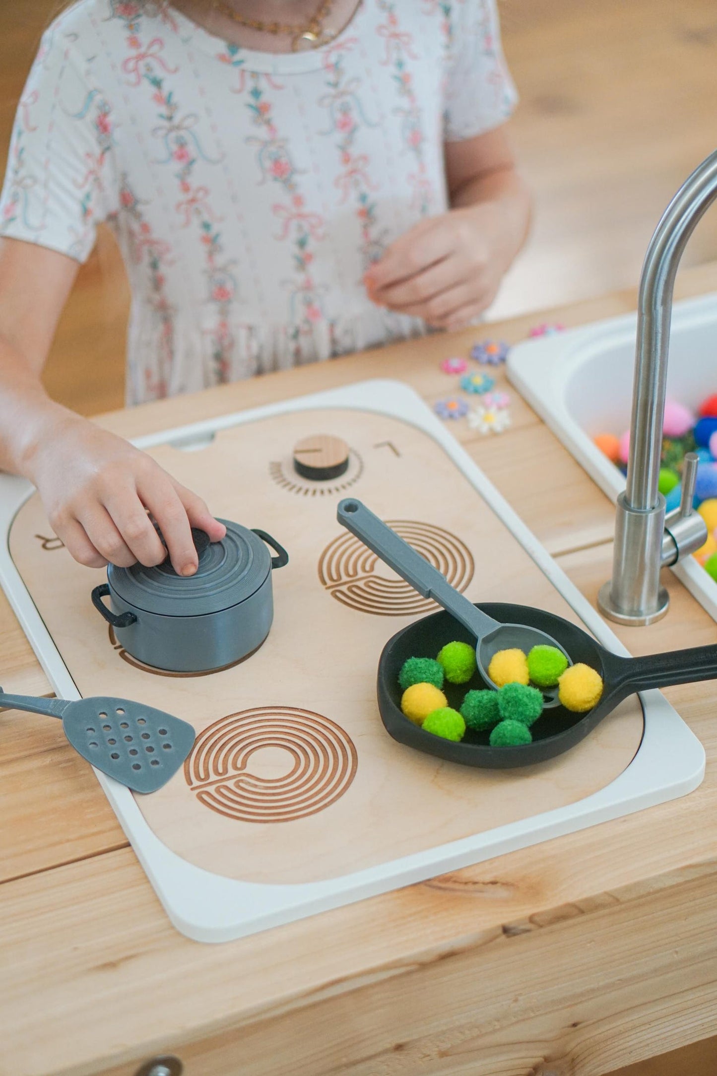 Wooden Sensory Table Insert: Pretend Play Kitchen with 3D printed Utensils (Trofast Bin)