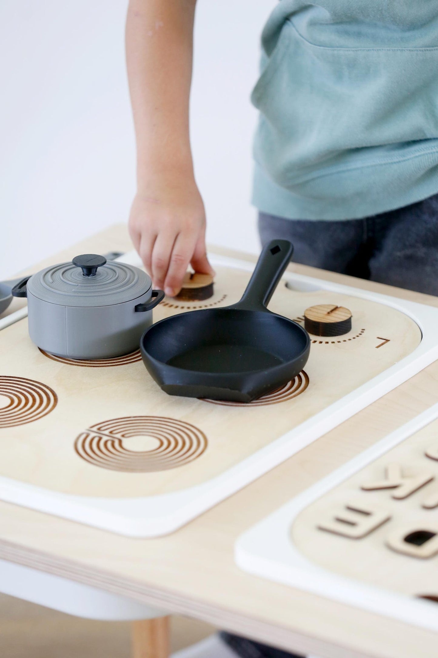 Wooden Sensory Table Insert: Pretend Play Kitchen with 3D printed Utensils (Trofast Bin)