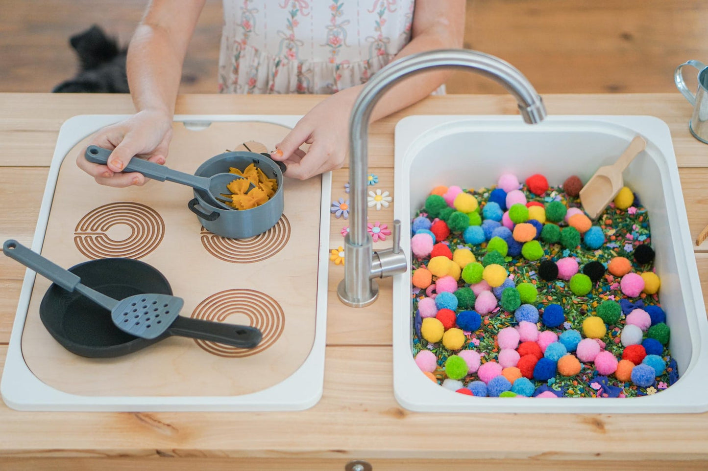 Wooden Sensory Table Insert: Pretend Play Kitchen with 3D printed Utensils (Trofast Bin)