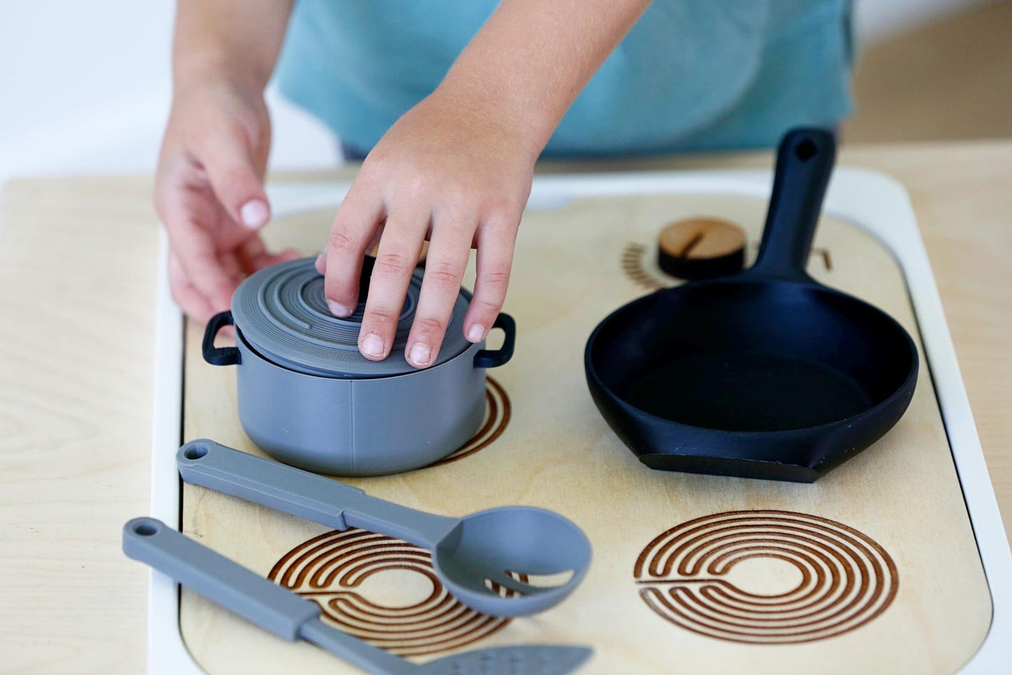 Wooden Sensory Table Insert: Pretend Play Kitchen with 3D printed Utensils (Trofast Bin)