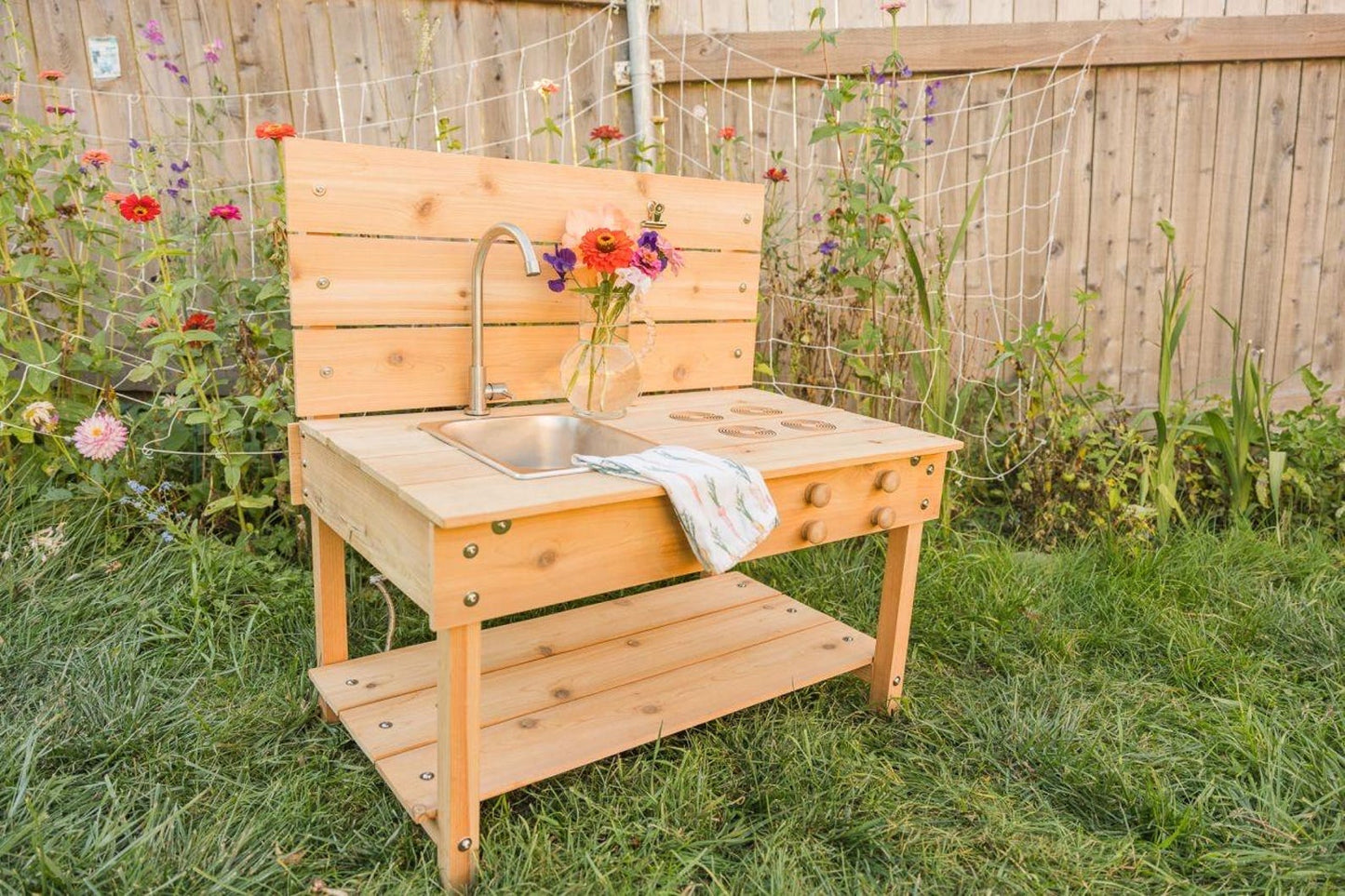 Cedar Mud Kitchen with Stainless Steel Sink | Outdoor Kids Play, Montessori Toy