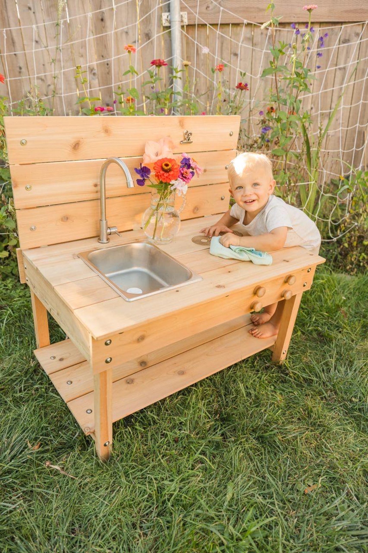 Cedar Mud Kitchen with Stainless Steel Sink | Outdoor Kids Play, Montessori Toy