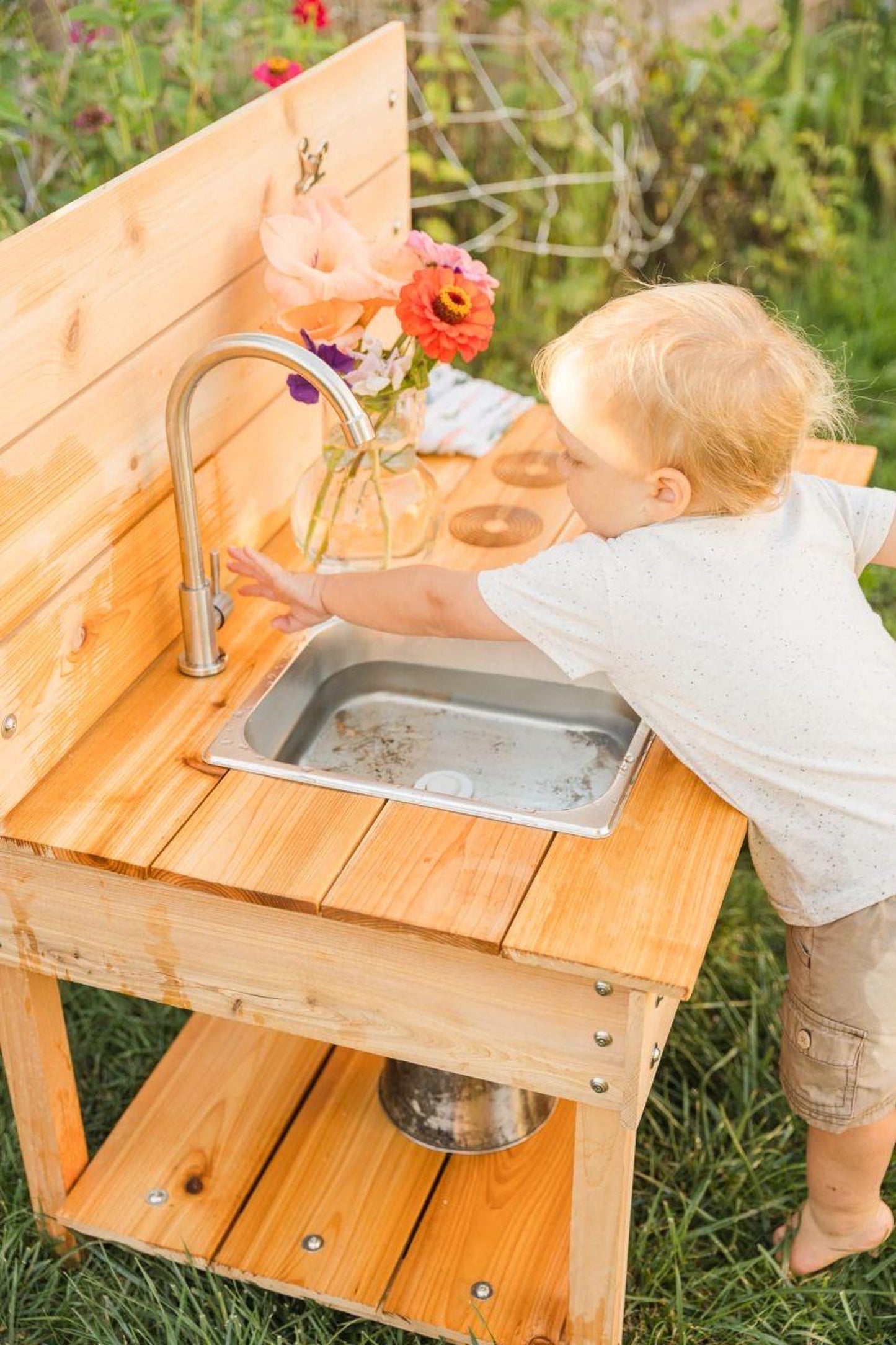Cedar Mud Kitchen with Stainless Steel Sink | Outdoor Kids Play, Montessori Toy