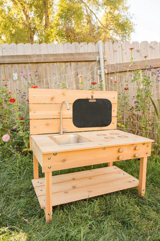 Cedar Mud Kitchen with Stainless Steel Sink | Outdoor Kids Play, Montessori Toy